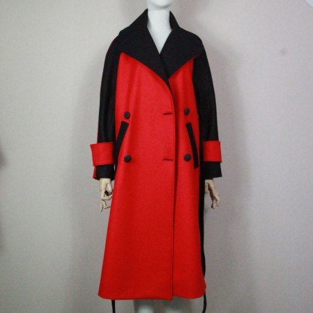 Women long black and red raglan loose cut belted woolen double breasted coat