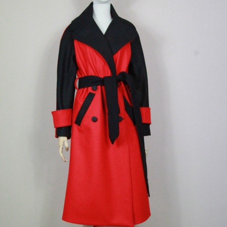 Women long black and red raglan loose cut belted woolen double breasted coat