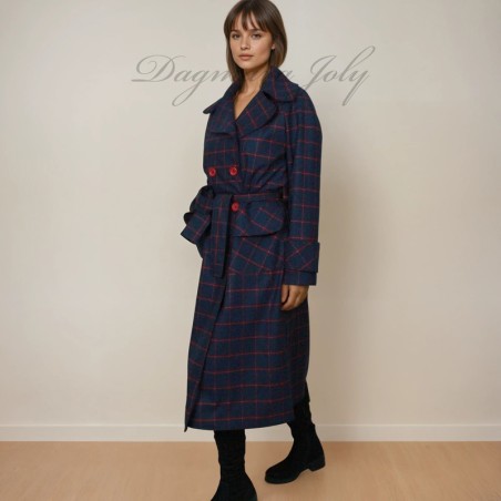 Women long navy check raglan loose cut belted woolen coat