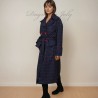 Women long navy check raglan loose cut belted woolen coat