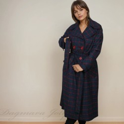 Women long navy check raglan loose cut belted woolen coat