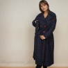 Women long navy check raglan loose cut belted woolen coat