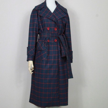 Women long navy check raglan loose cut belted woolen coat