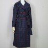 Women long navy check raglan loose cut belted woolen coat