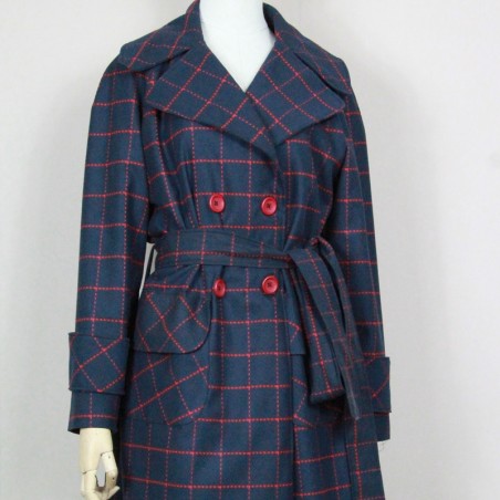 Women long navy check raglan loose cut belted woolen coat