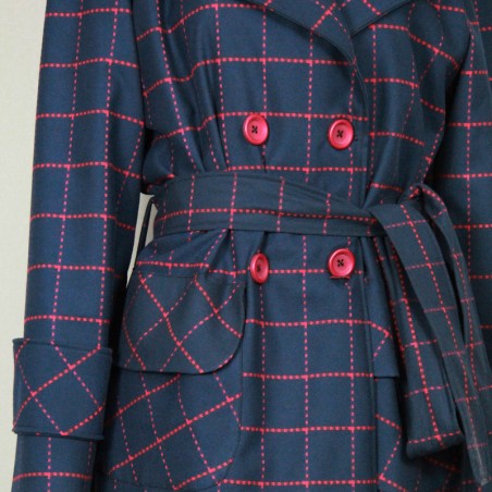 Women long navy check raglan loose cut belted woolen coat