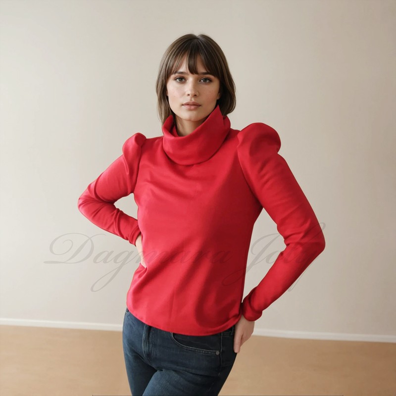 Pull rouge à col roulé cheminée et manches bouffantes pour femme