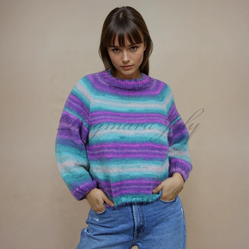 Pull coloré raglan à rayures pour femme tricoté à la main