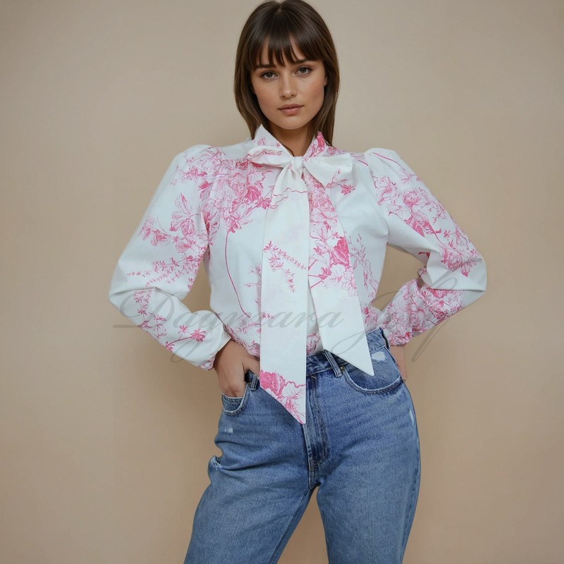 White blouse with bow tie neck and puff sleeves