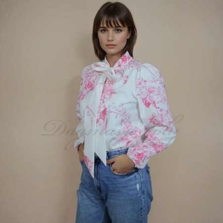 White blouse with bow tie neck and puff sleeves