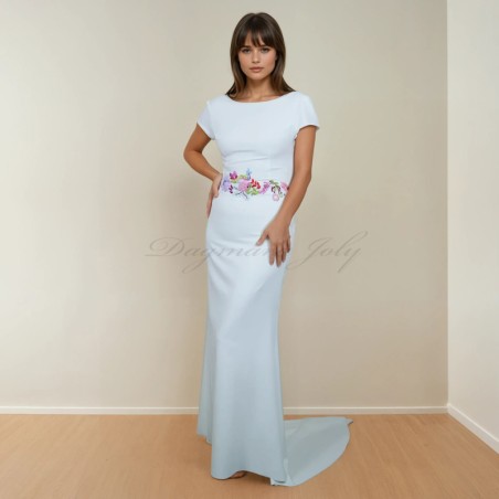 Floral white floor length with train hand embroidered wedding dress