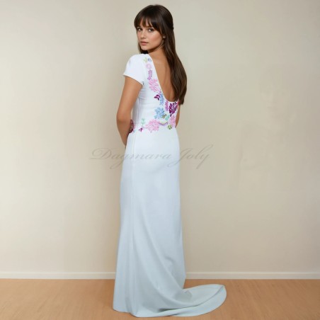 Floral white floor length with train hand embroidered wedding dress