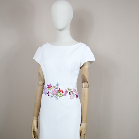 Floral white floor length with train hand embroidered wedding dress