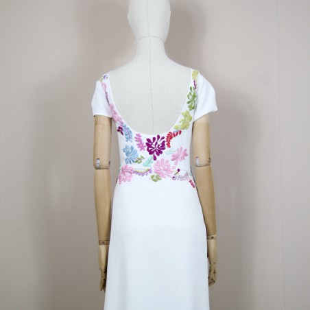 Floral white floor length with train hand embroidered wedding dress