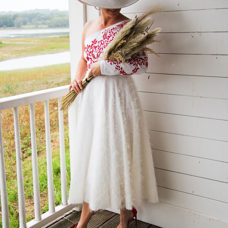 one shoulder tea length wedding dress